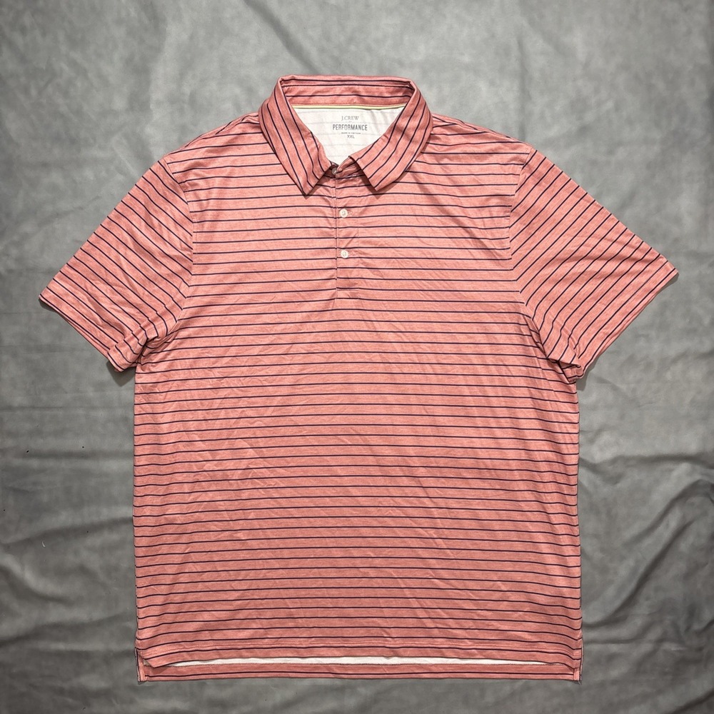 J Crew Performance Polo Shirt Mens XXL Pink Blue Short Sleeve Striped Stretch